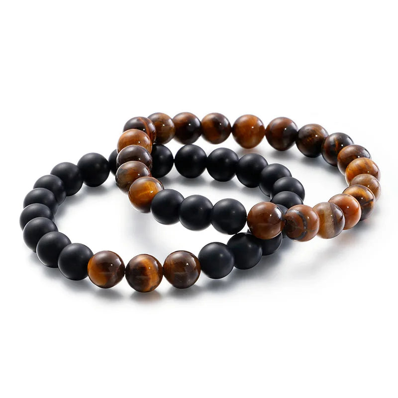 New Design Vintage 8mm Natural Tiger Eye Stone Frosted Black Agate Beaded Bangle Elastic Bracelet for Men Jewelry