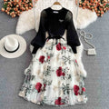 Women's High-end Long Sleeve Knit Patchwork Mesh Elegant Swing Long Dresses