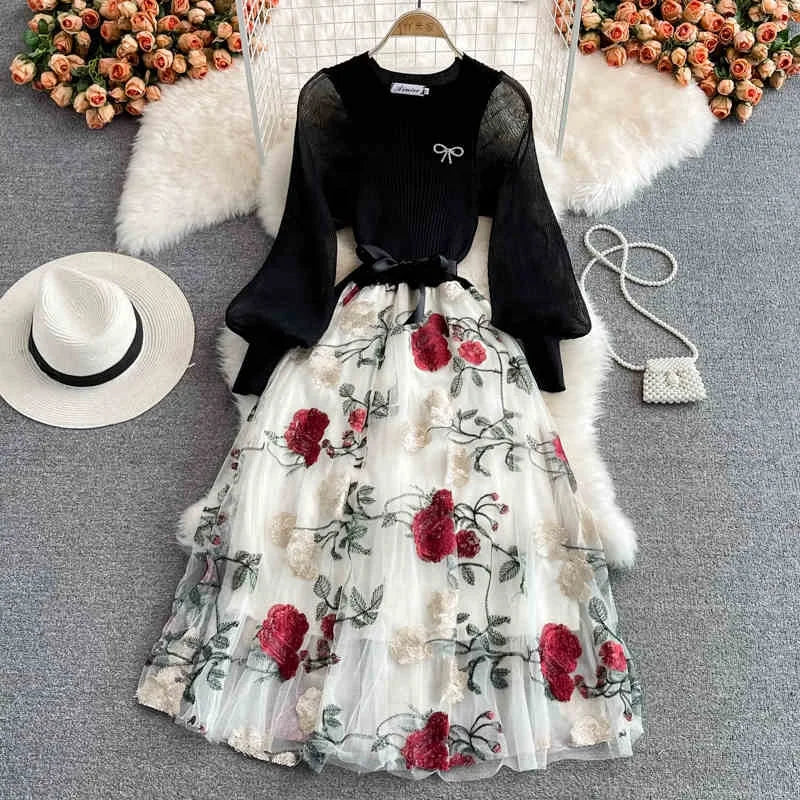 Women's High-end Long Sleeve Knit Patchwork Mesh Elegant Swing Long Dresses