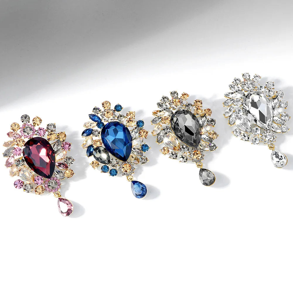 Europe America Vintage Alloy Wedding Bride Big Crystal Drop Colorful Flower Rhinestone Brooch Accessories for Woman