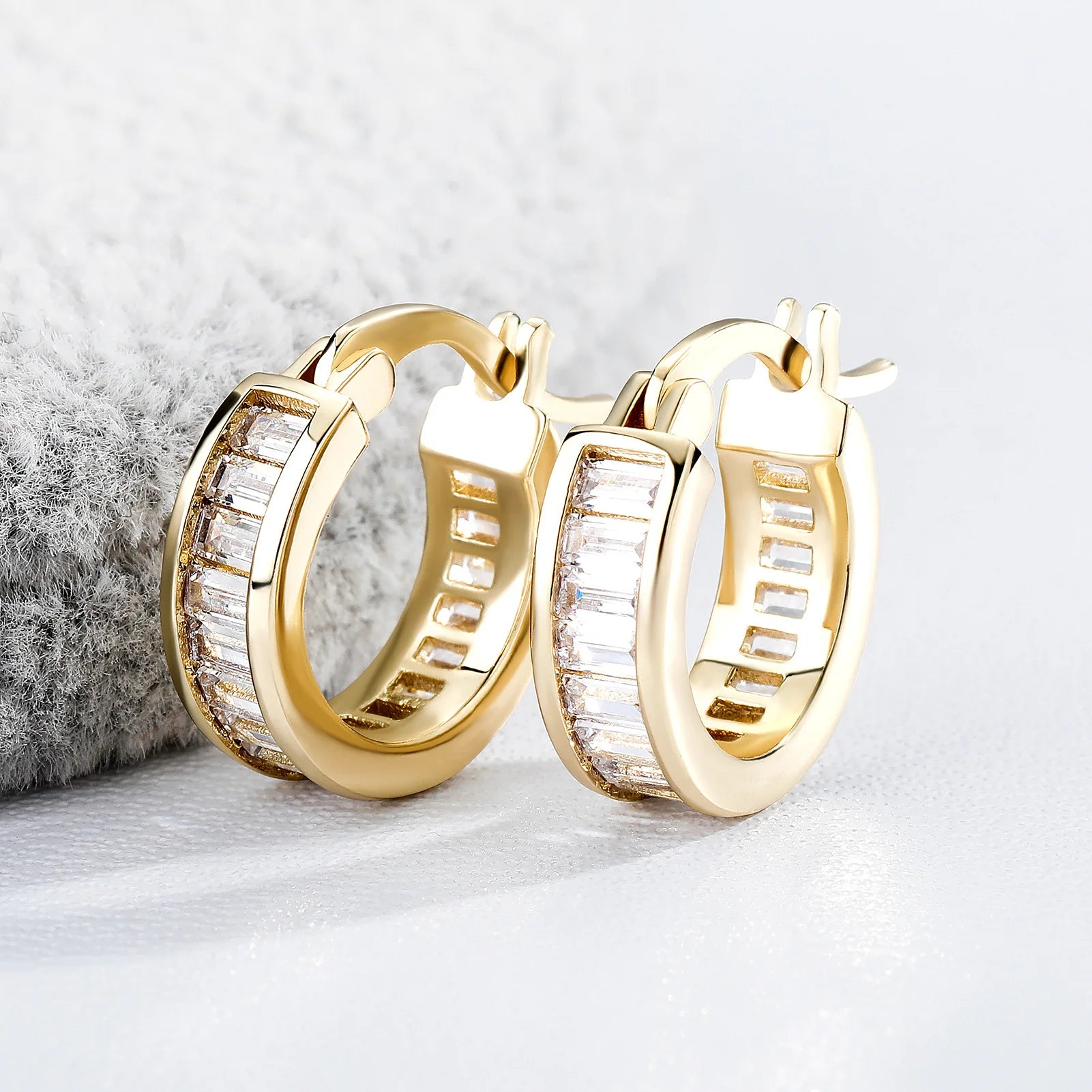 14 Gold Plated Men's Thick Iced Out CZ Baguette Hoop Earrings Hip Hop Cubic Zircon Round Huggie Hoop Earrings for Women