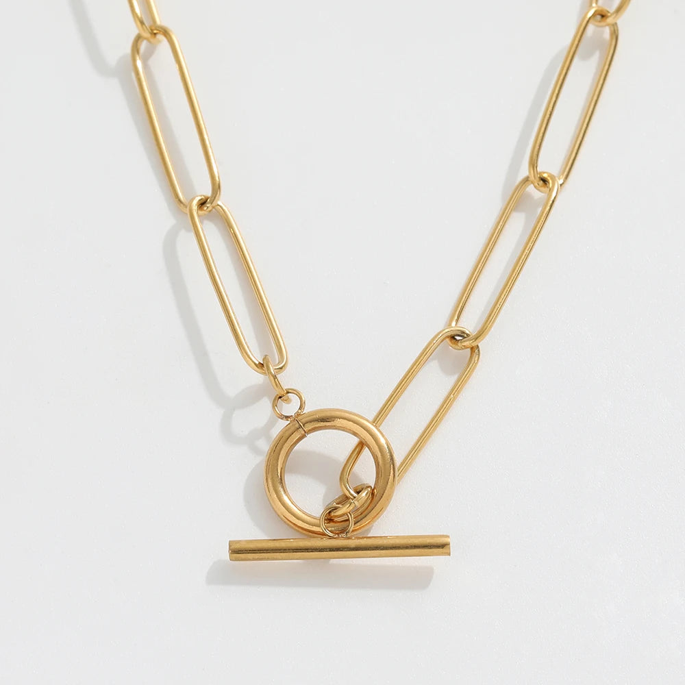 Joolim Jewelry 18K Gold Plated Simple Paper Pin Link Choker Necklace Stainless Steel Jewelry Wholesale