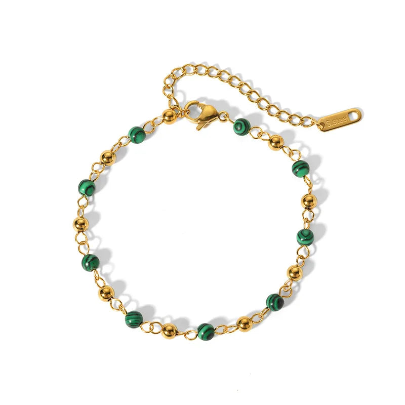 New Fashion Charm Stainless Steel Jewelry Natural Stone Round Beads Chain Bracelet