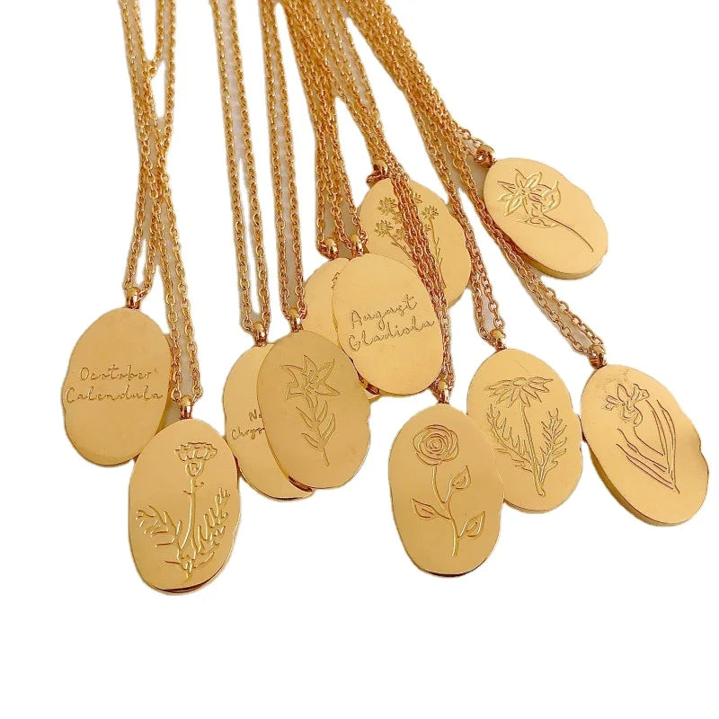 Wholesale Custom 18k Gold Pvd Plated Stainless Steel Irregular Oval Birth Month Flower Pendant Necklace Jewelry
