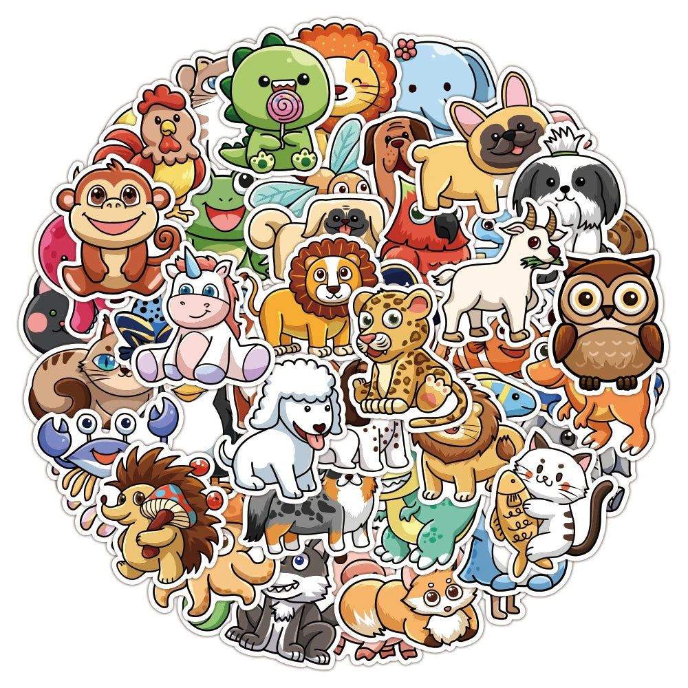 50pcs/bag Waterproof Cartoon Animal Stickers Custom PVC Vinyl Die Cut Decorative Dog Cat Sticker for Kid Journal Wall Home Decor