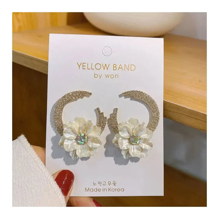 HOVANCI Celebrity Gold Plated Crystal Moon Shape White Opal Flower Stud Earrings Cubic Zircon Round Circle Earrings for Girls