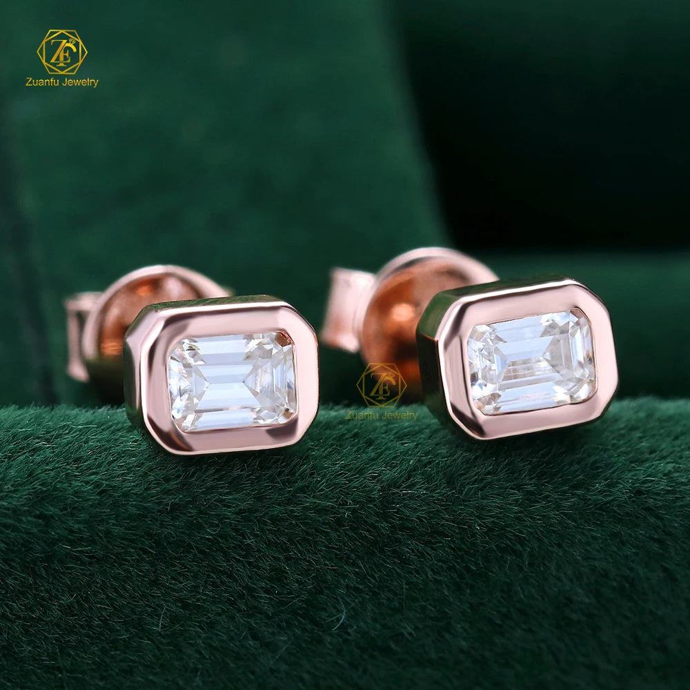 Factory Direct Sale Cheap Price 925 Sterling Silver Rose Gold Plated 3x4MM Emerald Cut Moissanite Stud Earrings Jewelry