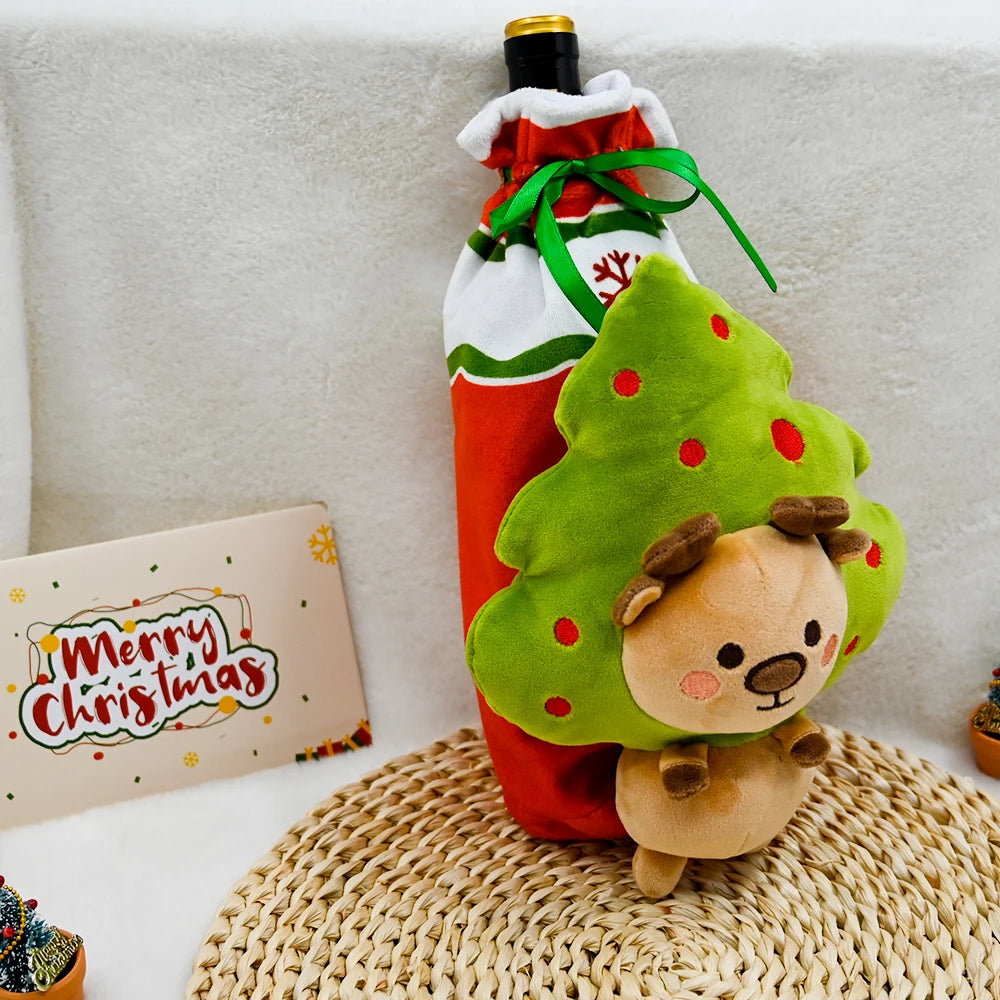 Christmas Decor Supplies Cute Deer Custom Plush Wine Bottle Sleeve Dinner Table Christmas Wine Bottle Holder