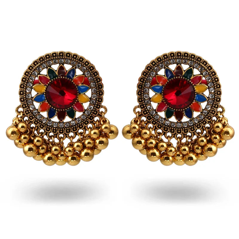Women's Blue Flower Wedding Earrings Retro Ethnic Gold Round Hollow Alloy Pearl Beads Jhumka Earrings Jewellery