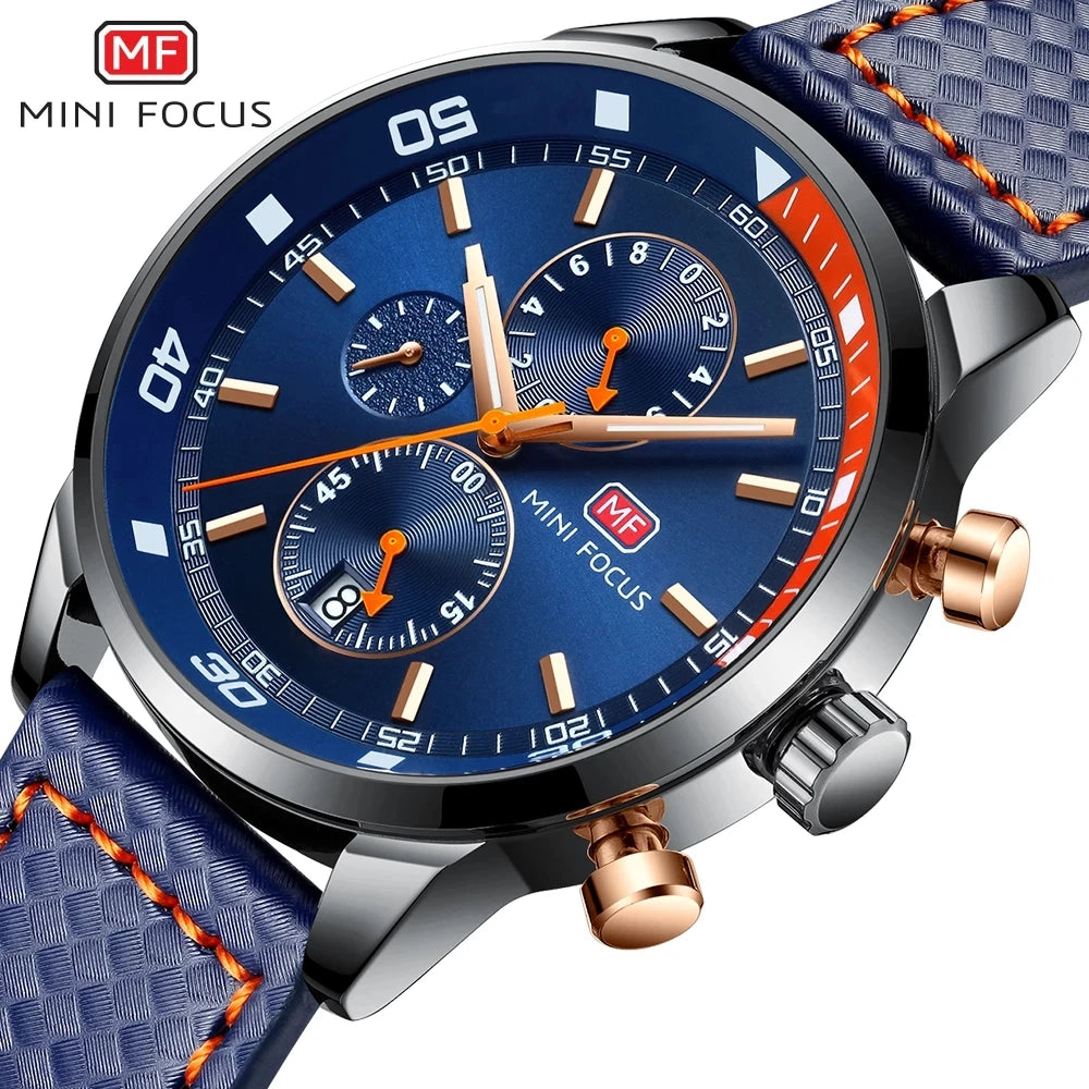 MINI FOCUS 0017 Casual Sport Watch for Men Multi-function Waterproof Chronograph Clock Fashion Genuine Leather Quartz Watches