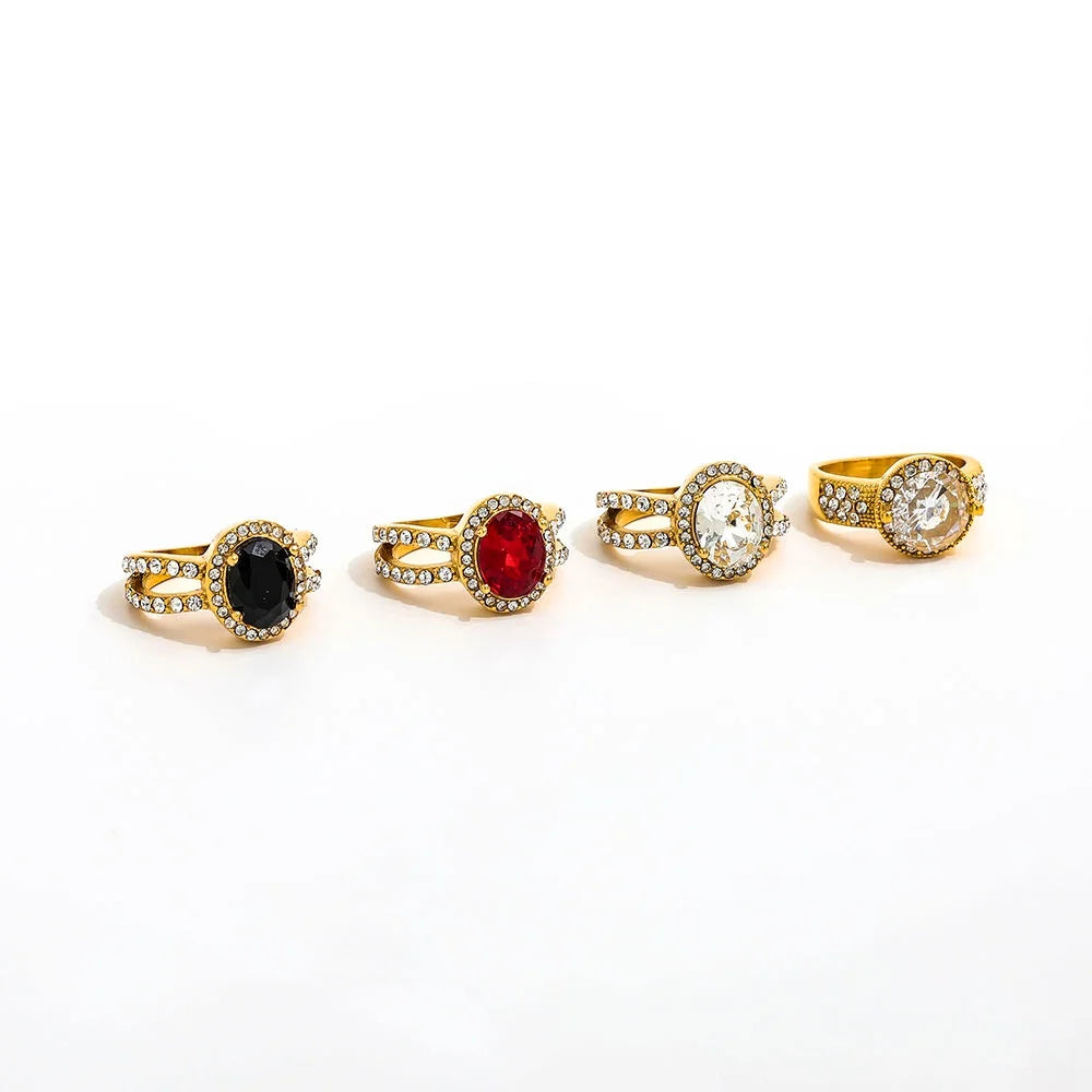 High End 18K Gold Plated Rectangle Clear Black Oval Zirconia Pave Chunky Ring Stainless Steel Trendy Jewelry