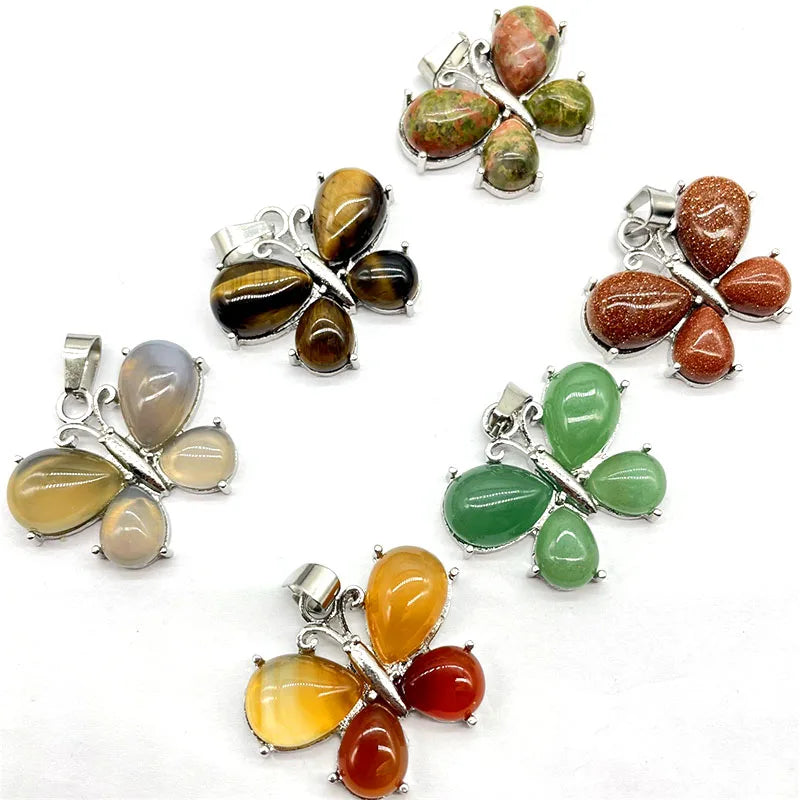 Jewelry Creativity Natural Stone butterfly Pendant Necklace Gemstone Crystal Green Aventurine White Crystal Animal Pendant