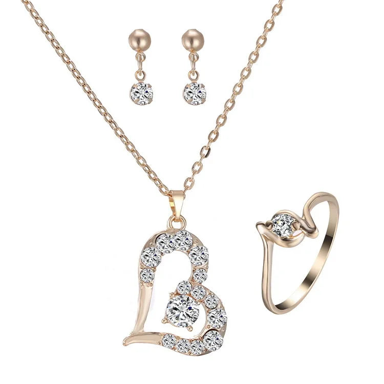 Fashion Wedding Alloy Gold Plated Heart Love Jewelry Set Rhinestone  Necklace Earrings Set for Bride