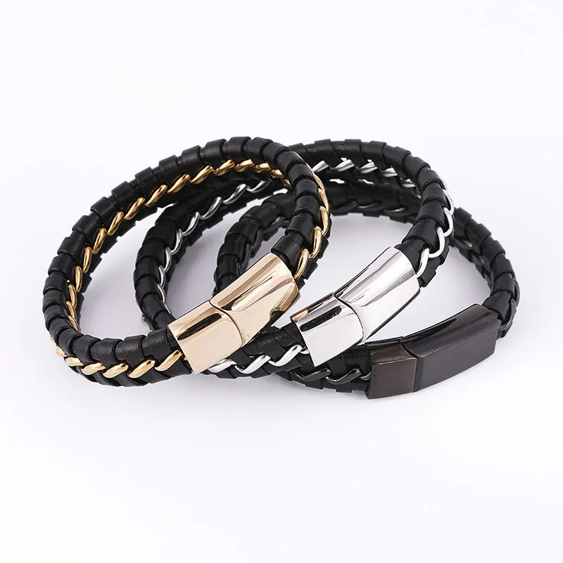 High Quality Stainless Steel Chain Real Genuine Leather Bracelet Jewelry for Men Custom Logo
