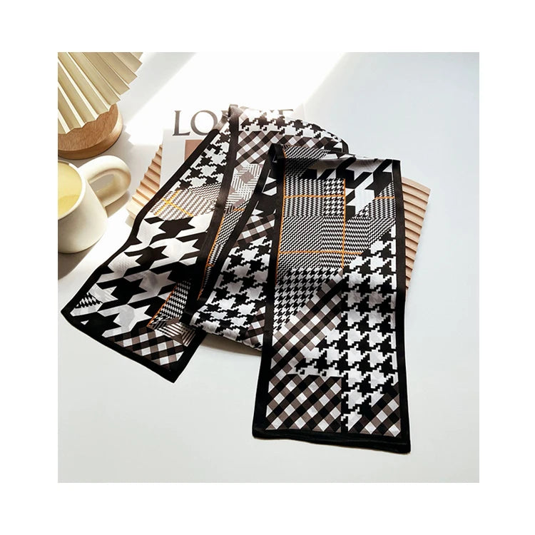 Printing Long Skinny Silk Designer Scarves Color Checked Custom Drawing Printed Scarf for Woman All Season Wearing