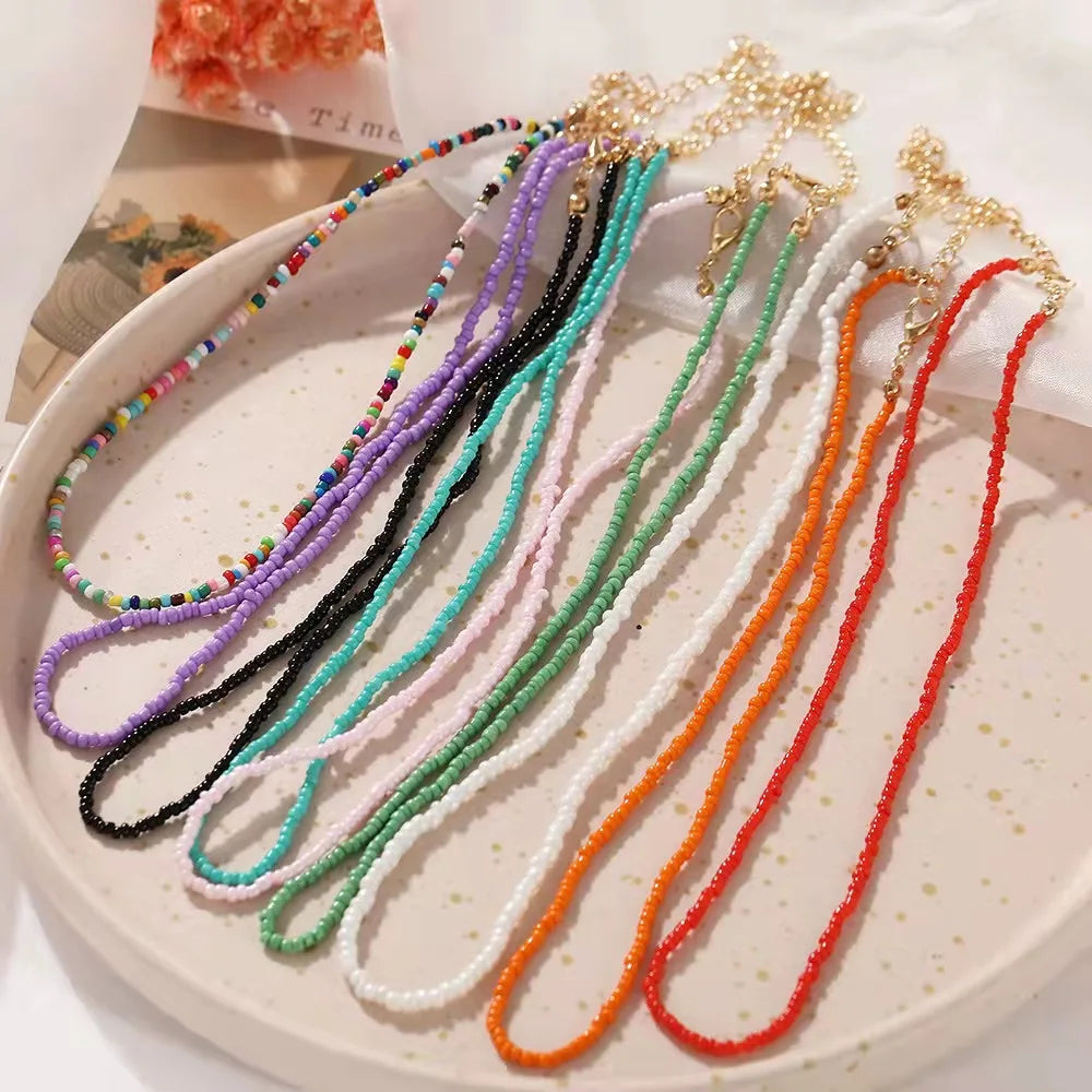 Fashion Creative Y2K Necklace Colorful Rice Bead Necklace Bohemian Short Choker Necklace for Women