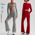SHINBENE Recycled Polyester Women's Workout 2Pcs Set Sustainable Long Sleeve Crop Top and Flare Leggings Gym Fitness Sets