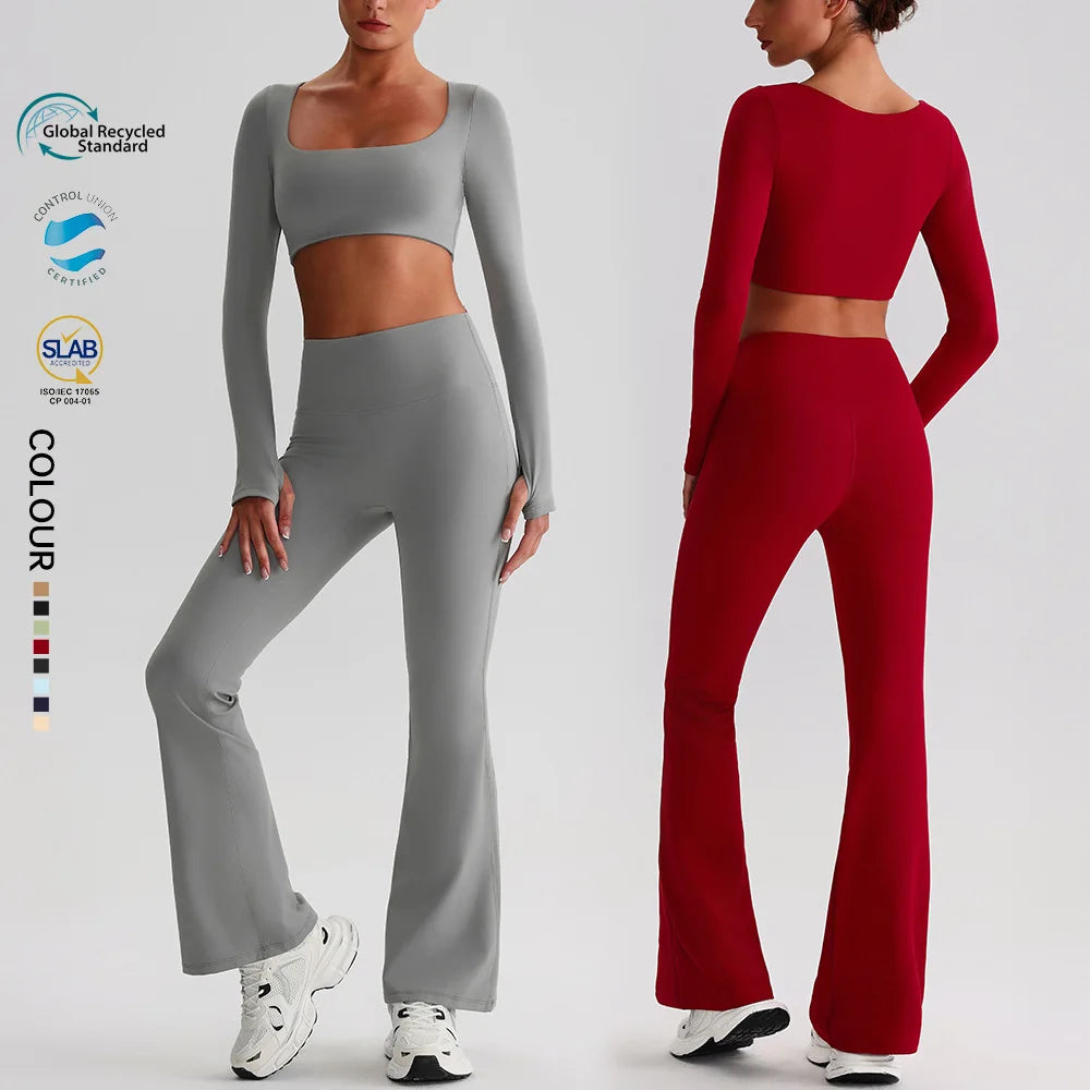 SHINBENE Recycled Polyester Women's Workout 2Pcs Set Sustainable Long Sleeve Crop Top and Flare Leggings Gym Fitness Sets