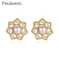 PAG&MAG Pearl Earrings Fresh Water Pearl Earrings 925 Sterling Silver Stud Diamond Crystal Fresh Pearl Earrings