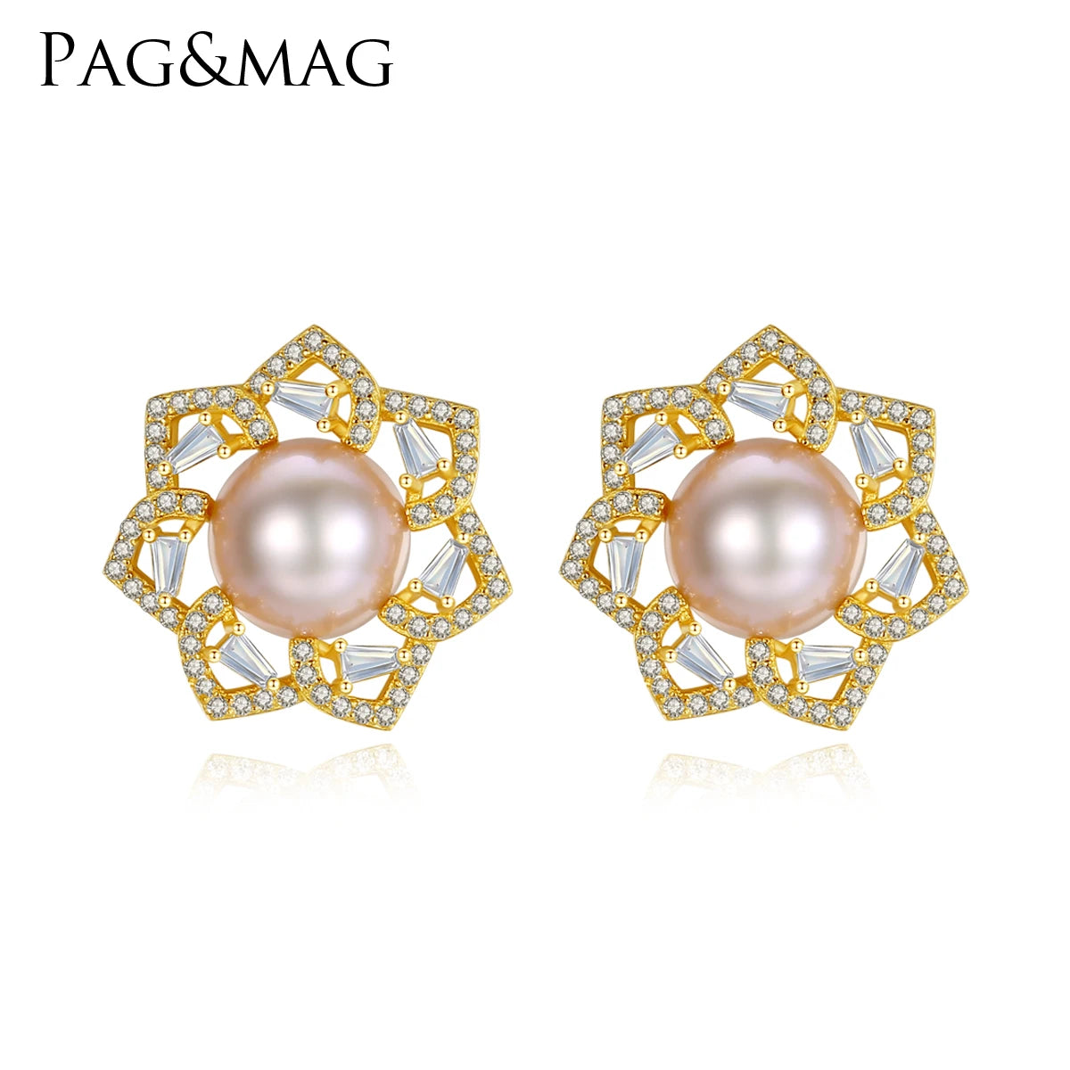 PAG&MAG Pearl Earrings Fresh Water Pearl Earrings 925 Sterling Silver Stud Diamond Crystal Fresh Pearl Earrings