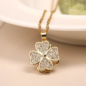 Nabest Stainless Steel Four Leaf Clover Pendant Necklace Choker Elegant Women 18k Gold Plated Full Rhinestone Necklace Jewelry