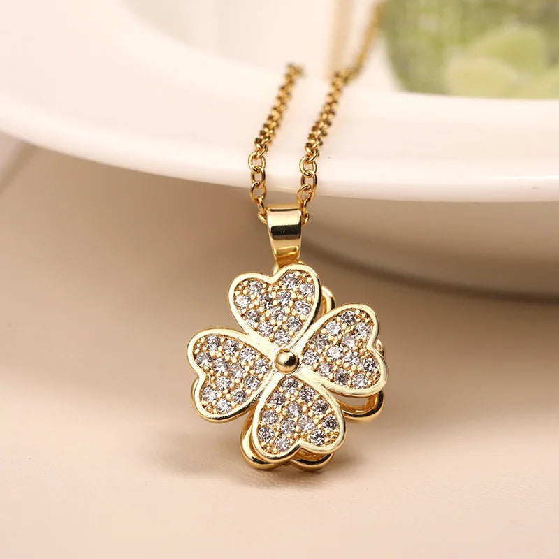 Nabest Stainless Steel Four Leaf Clover Pendant Necklace Choker Elegant Women 18k Gold Plated Full Rhinestone Necklace Jewelry