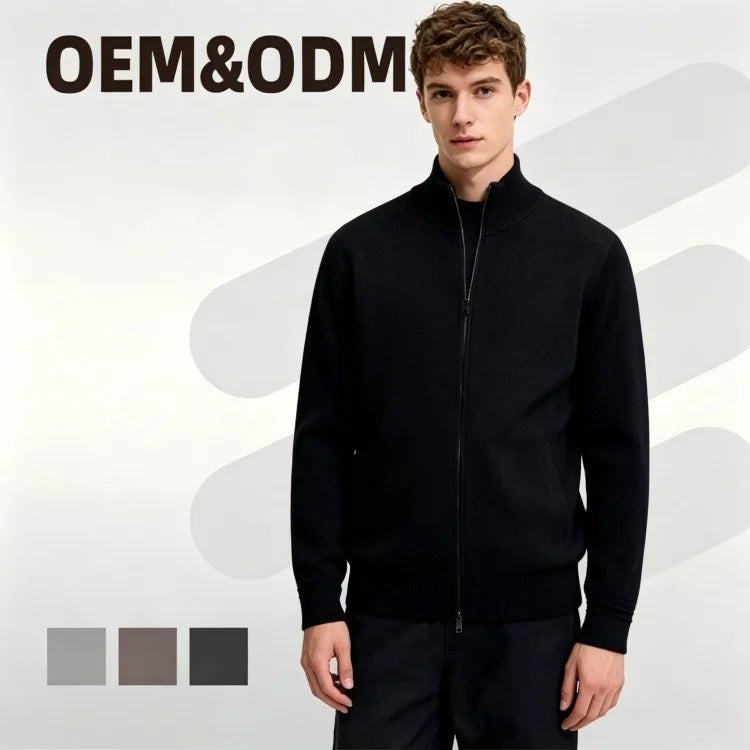 Autumn Winter Vintage High-End Men's Half-Turtleneck Knitted Cardigan Custom Zipper Closure Jacket