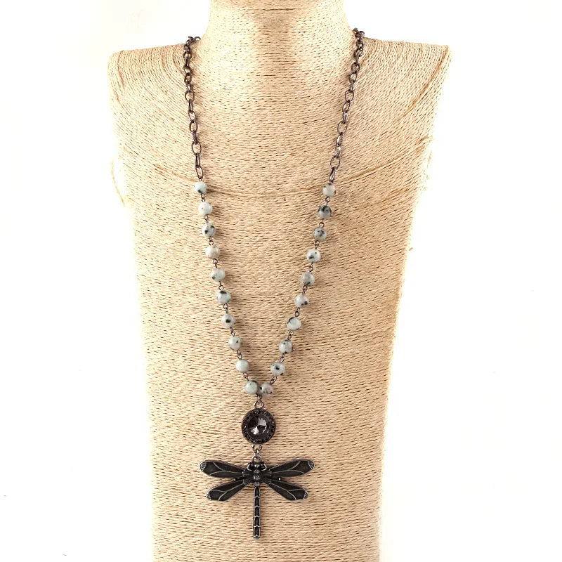 Vintage Choker Necklace Pelelith Amazonite Natural Stone Alloy Dragonfly Cross Brand Pendant Necklace