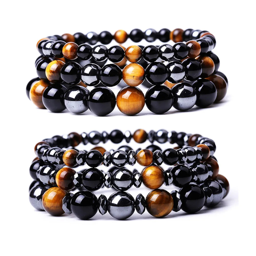 Natural Stone Bracelet Black Agate Hematite Tiger Eye Energy Stone Bracelet Adjustable for Men