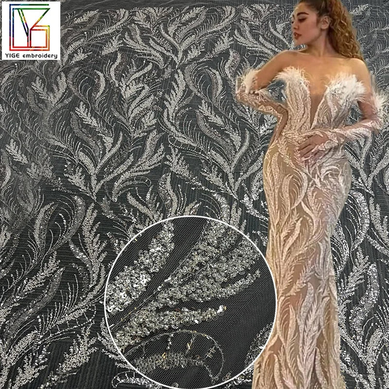 New French 3d Tulle Mesh Polyester Lace Luxury White Bridal Beaded Sequins Lace Embroidery Wedding Dress Fabric