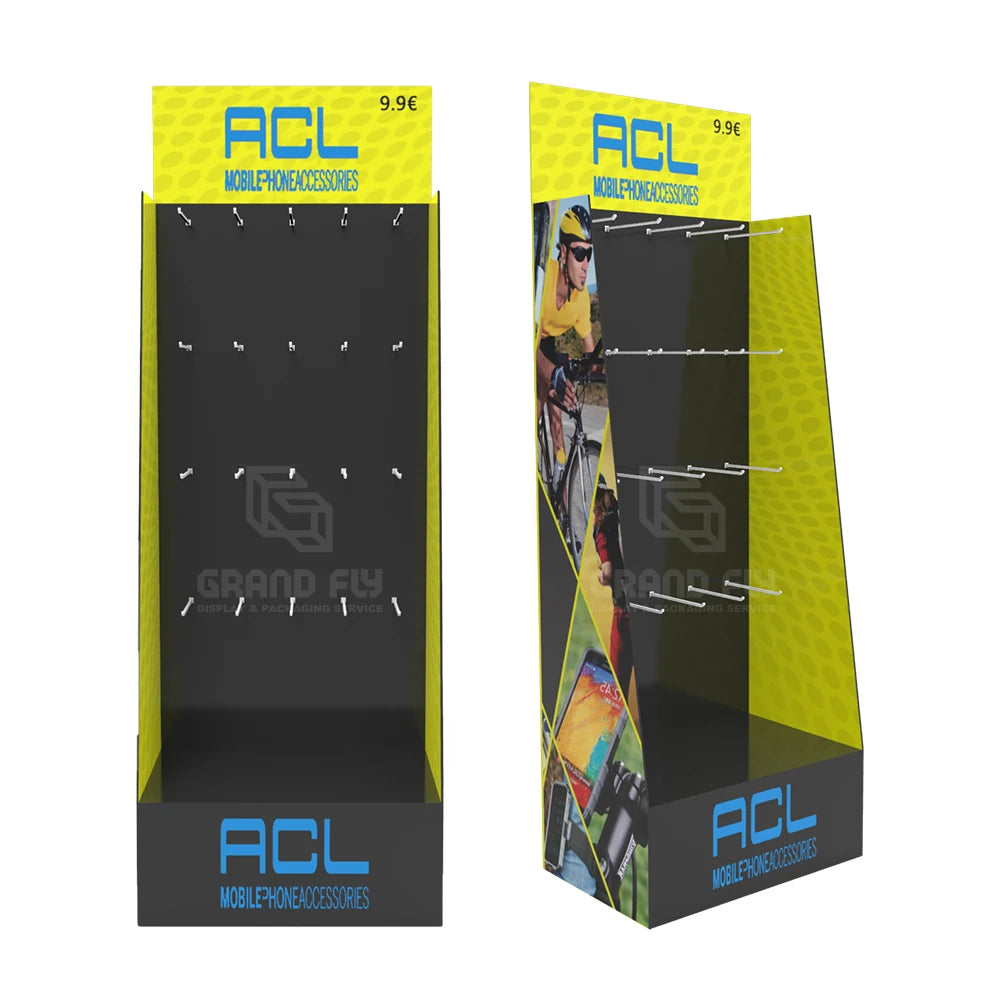Recyclable Corrugated Cardboard Mobile Accessories Floor Hooks Display Rack Stand with Customized Design Fashionable Modern