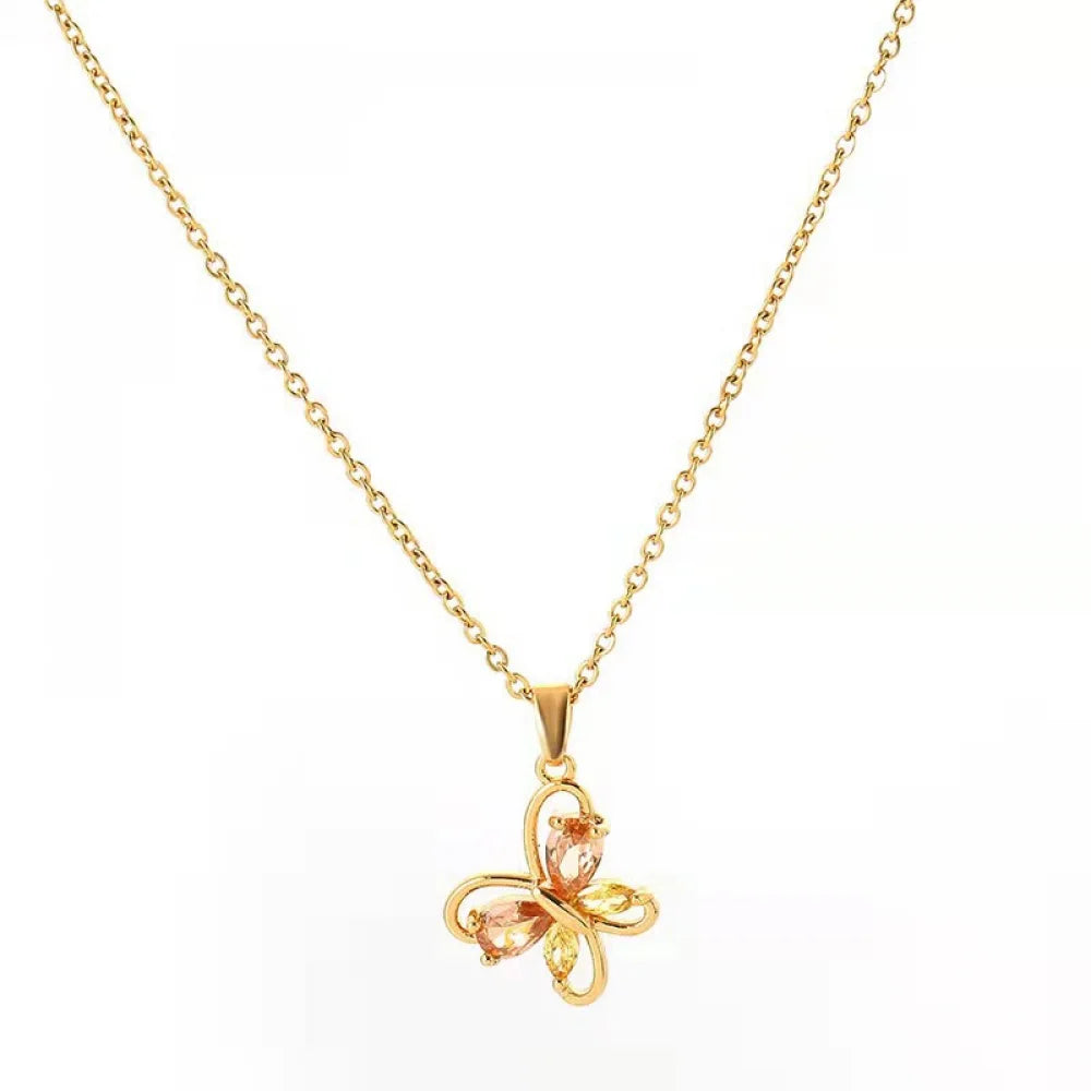 Women Trendy Fashion Jewelry Gold Plated Stainless Steel Cubic Zirconia Diamond Butterfly Necklace