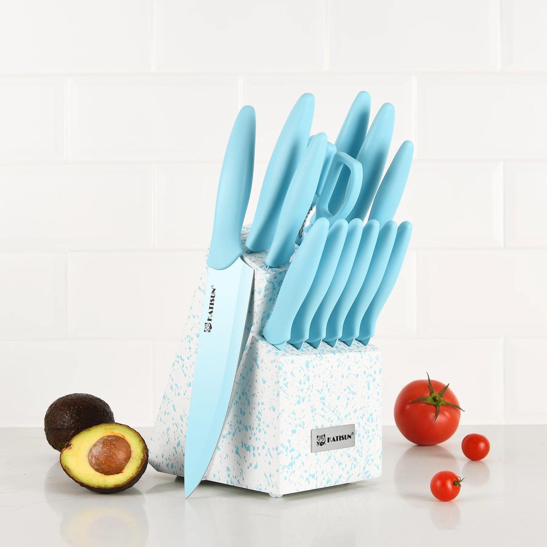 14 Pieces Blue Non-stick Carbon Steel Blade Kitchen Knives Scissors Chef Knife Set with Wooden Stand
