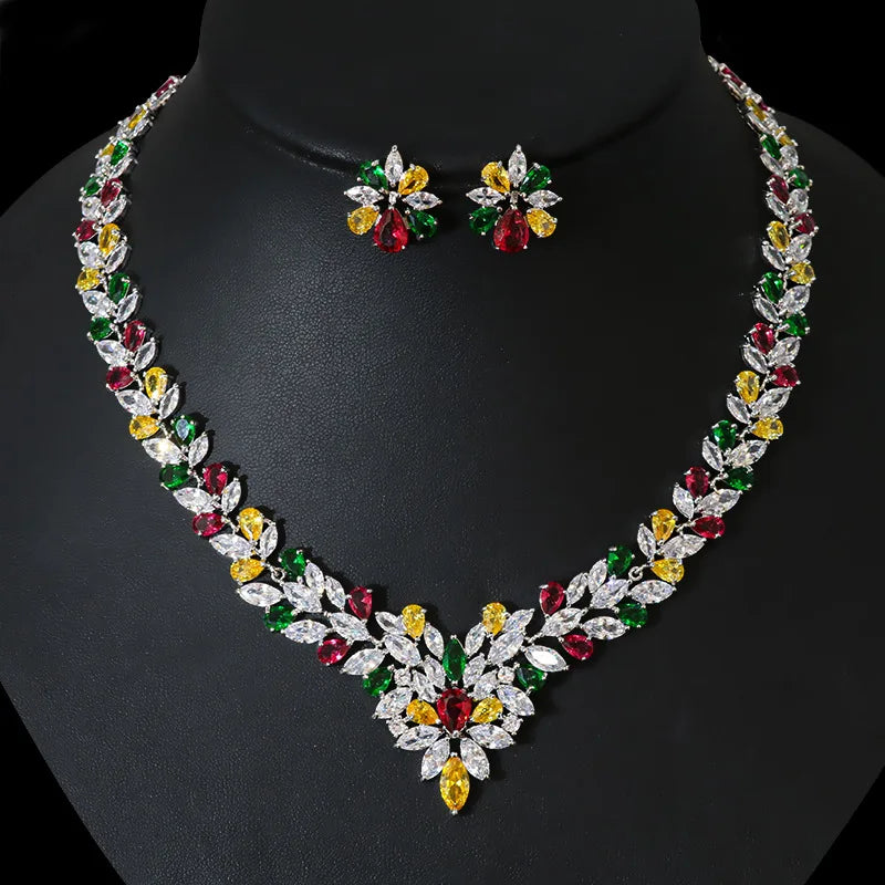 Jachon Luxury Zircon Bridal Jewelry Set Necklace Flower Earrings Brass Floral Shape Copper Jewelry Necklace Set