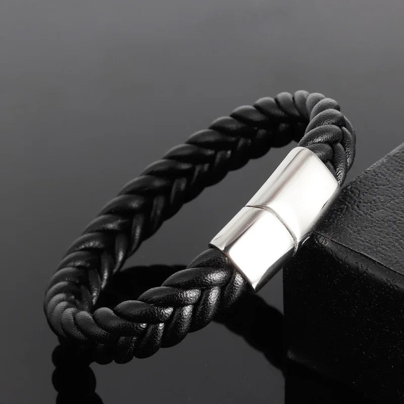 Wholesale Fashion Braided Black Genuine Leather Bracelet with Stainless Steel Magnetic Clasp Jewelry Bracelet for Men Women