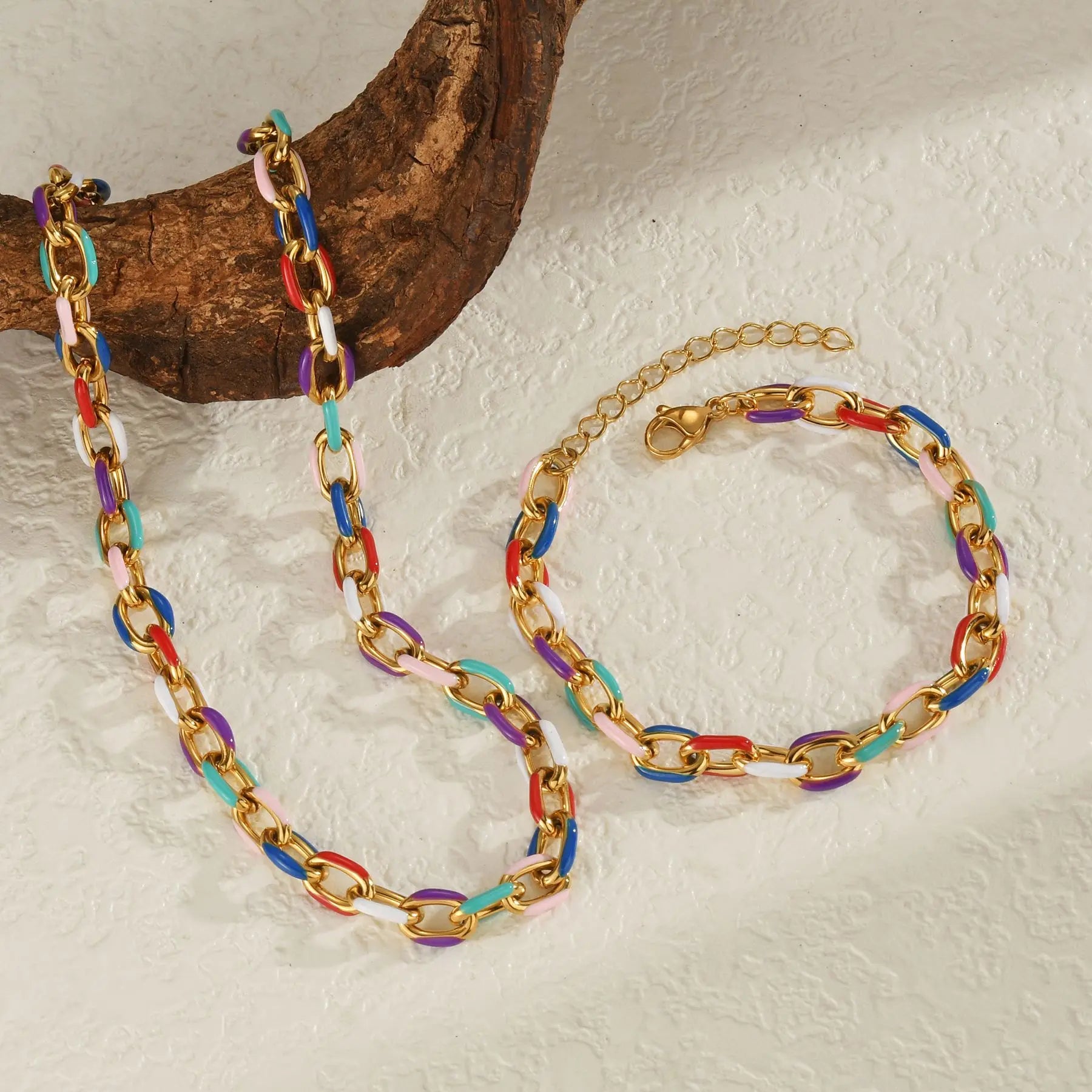 Special-Interest Design Drops Oil Initial Statement Colorful Stainless Steel Chain Bracelets Necklace for Women Girl's Gift