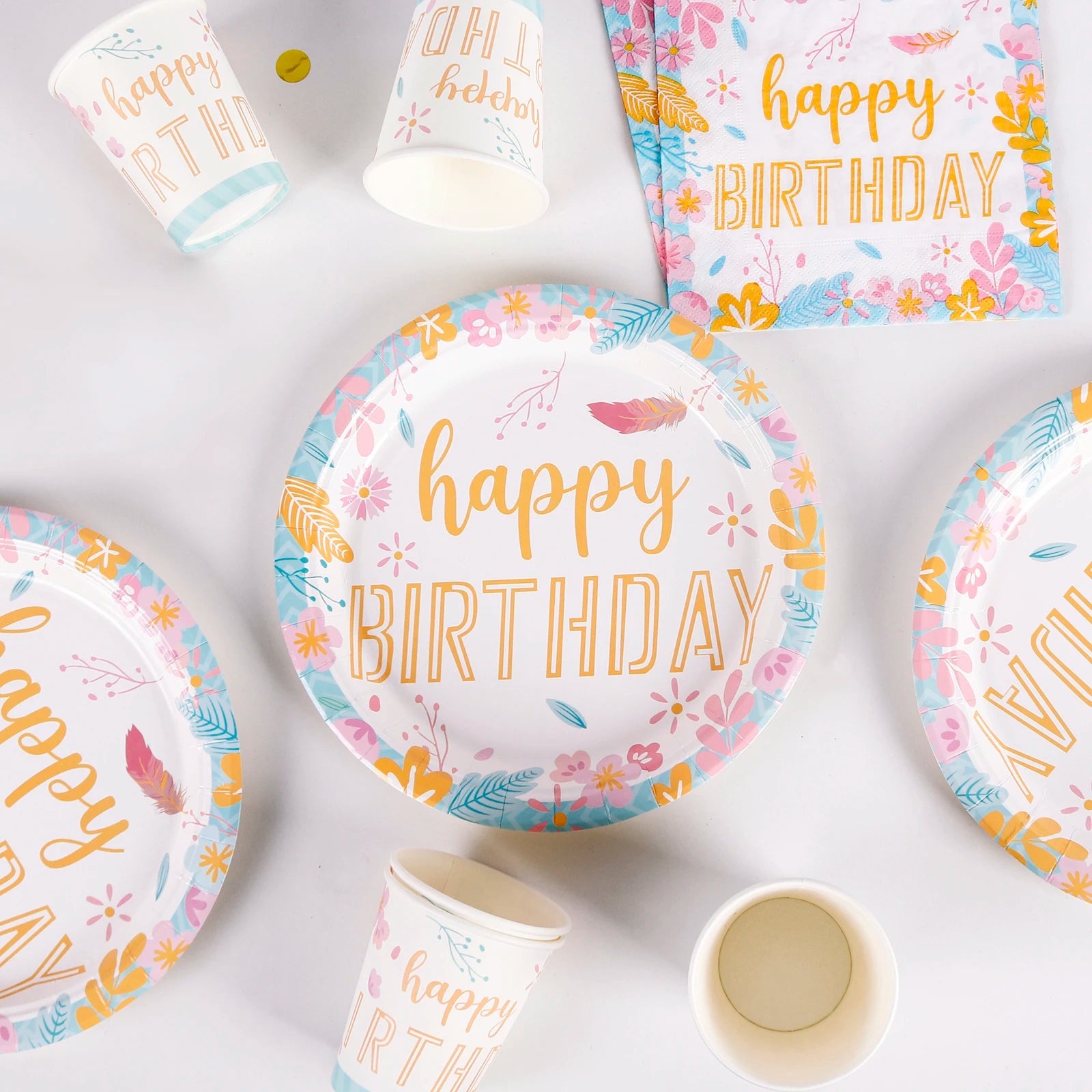 Happy Birthday Disposable Tableware Kit with 16 Pc Paper Plates for Birthday Party Decoration