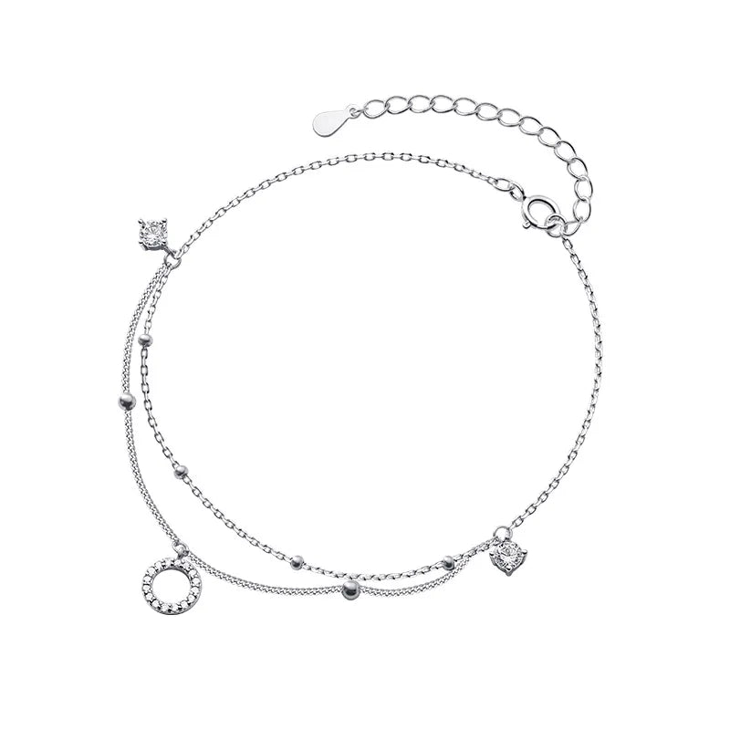 Genuine 925 Sterling Silver Minimalist Charm Circle Round Shiny CZ Anklets for Women Wedding Party Jewelry