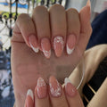 Wholesale Medium Almond Stiletto White Nude Flower Press on Artificial Custom False Nails Press on Nails