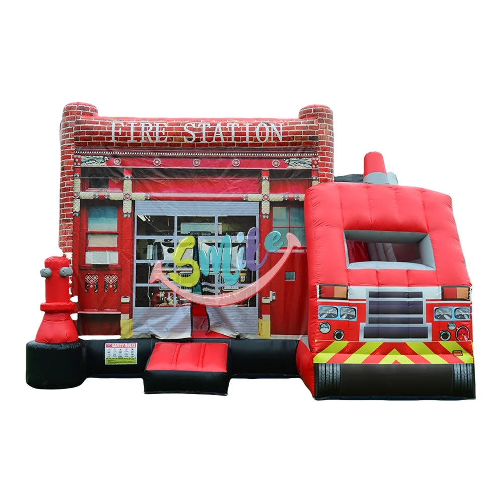 Outdoor EN14960 Certified 2-Person PVC Tarpaulin Inflatable Bouncer Commercial Fire Fighter Truck Station Jumping Castle