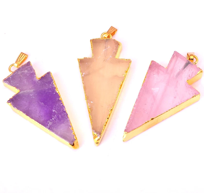 Raw Natural Gem Stone Gilding  Arrowhead Pendant Necklace Rose Quartz Amethyst