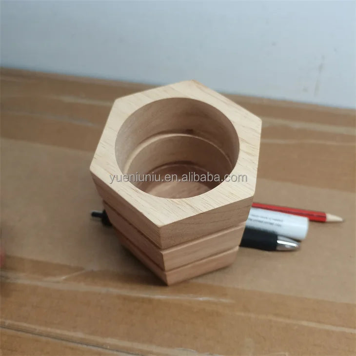 Polished Beech Hexagon Modern Eco-Friendly Solid Wood Pen Holder Desk Makeup Brush Holder Home Desktop Storage
