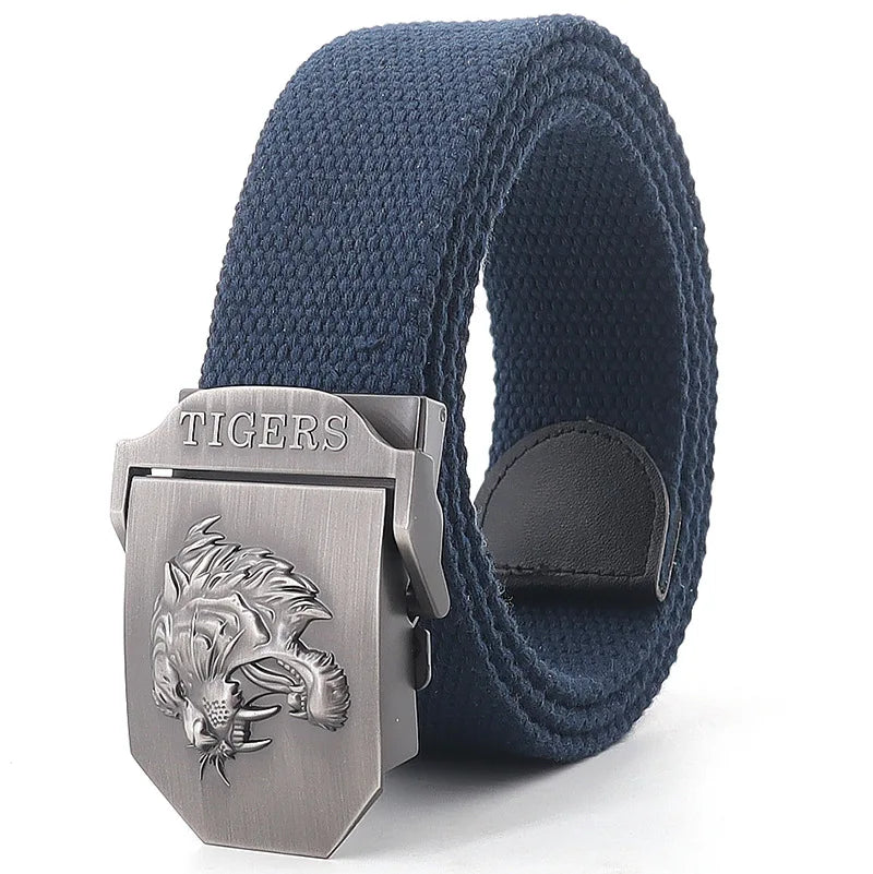 Manufacturers Customized Logo Canvas Fabric Metal Tiger Head Buckle Lengthened Belt Youth Outdoor Trousers Canvas Tactical Belt