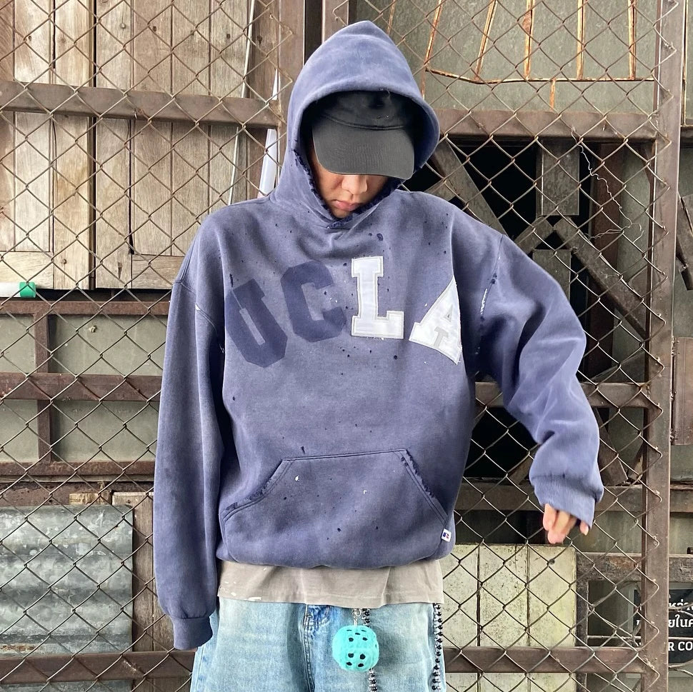 US Free Tex Custom 100% Heavy Cotton Pullover Sweatshirts Acid Wash Distressed Embroidery Applique Patch Rhinestones Hoodie