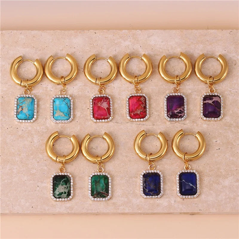Trendy Zircon Small Square Dangle  Gold Natural Stone Hoop Earrings for Women Luxury Jewelry Wholesale Dropship