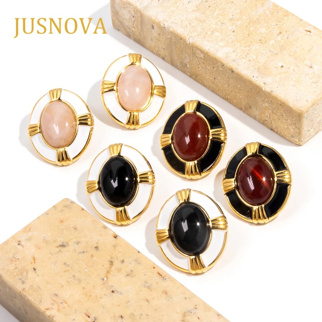 JUSNOVA Ladies Fashionable Stainless Steel Zircon Hanging Earrings Gold Platinum Trendy Cute Circle Design Vintage Geometric