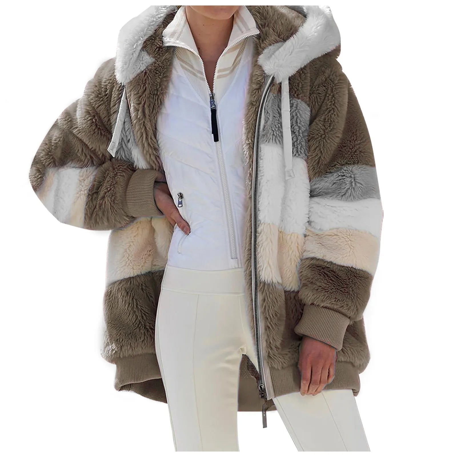 Winter Clothes for Women Warm Plush Patchwork Zip Pocket Women's Coats Plus Size Women's Coats