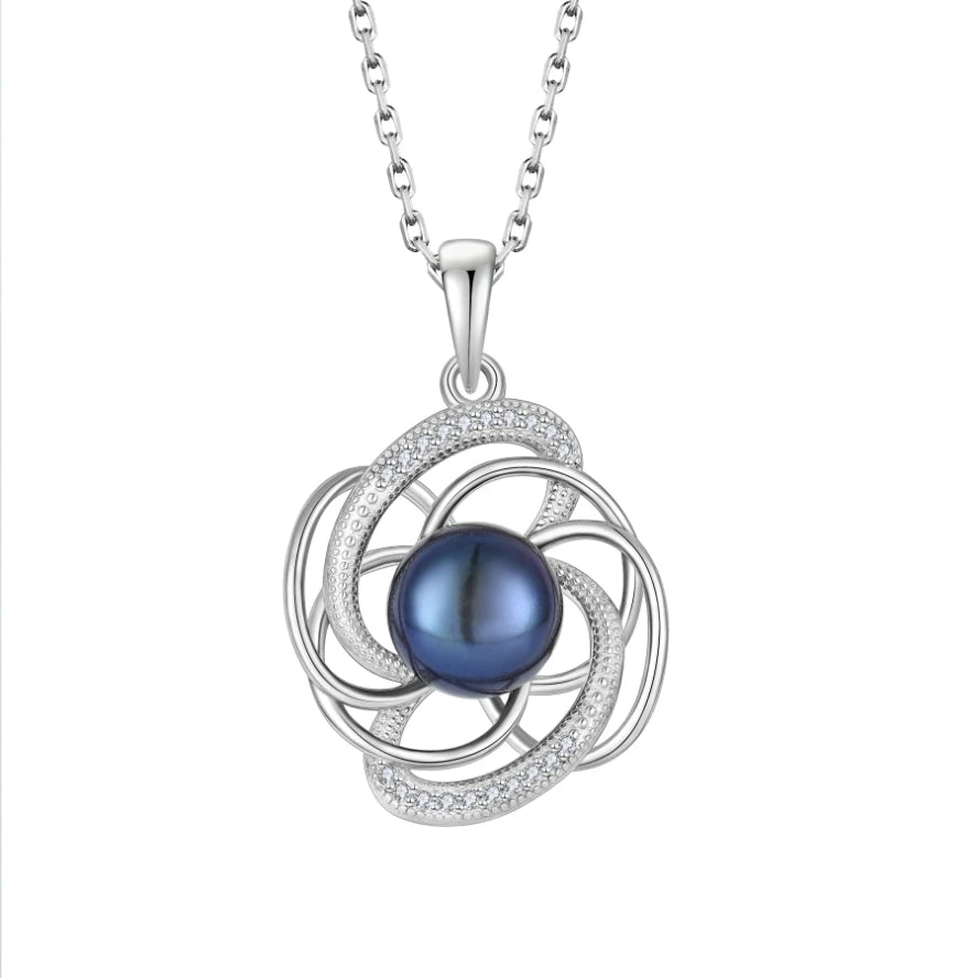 Rhodium Plated 925 Sterling Silver Swirl Design Cultured Purple Pearl Pendant Necklace With CZ Accents