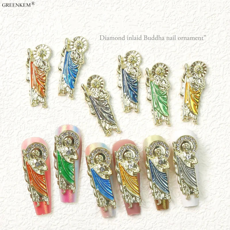 2025 New Style in Bulk Buddha Painted Nails Hot Sale Gold 3D Nail Jewelry Alloy Diamond Zircon Nail Charms