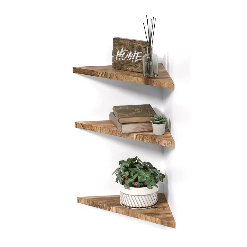 JUNJI 3-Tier Rustic Wooden Floating Shelves Wall Mounted Corner Storage Rack for Kitchen Living Room Decorative Hanging Pot Rack